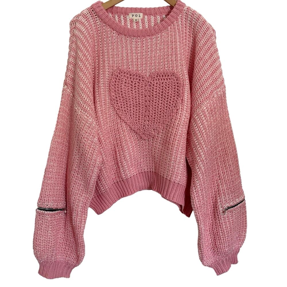 POL Pink Heart Sweater Women’s Medium Chunky Knit Boho Balloon Sleeve Coquette